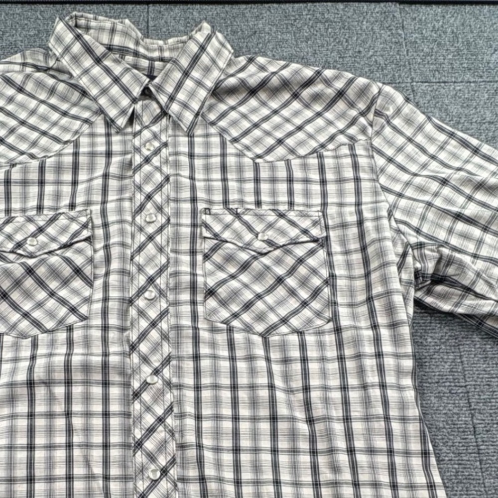 Wrangler Western Shirt Mens XL Grey Plaid Pearl Snap Short Sleeve